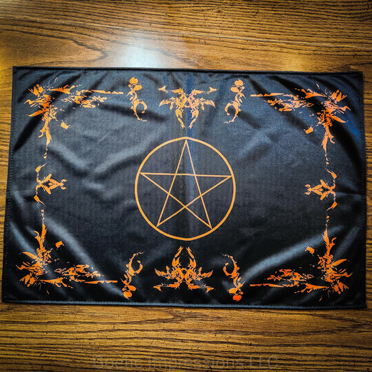 Orange Pentacle Altar cloth with matching border on a black background.