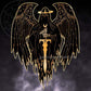 Enamel pin illustration depicting Abaddon. Abaddon is facing foward in a shrouded and tattered cloak with wings on either side. In his skeletal hands he is holding a sword that is pointing downwards. He wears a ringed crown.