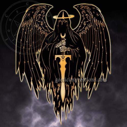 Enamel pin illustration depicting Abaddon. Abaddon is facing foward in a shrouded and tattered cloak with wings on either side. In his skeletal hands he is holding a sword that is pointing downwards. He wears a ringed crown.