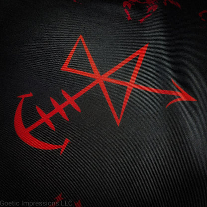A black and red Abaddon sigil altar cloth.
