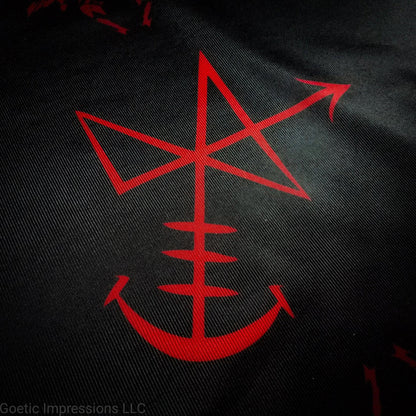 A black and red Abaddon sigil altar cloth.