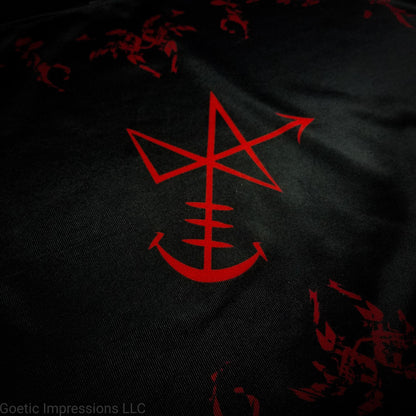 A black and red Abaddon sigil altar cloth.