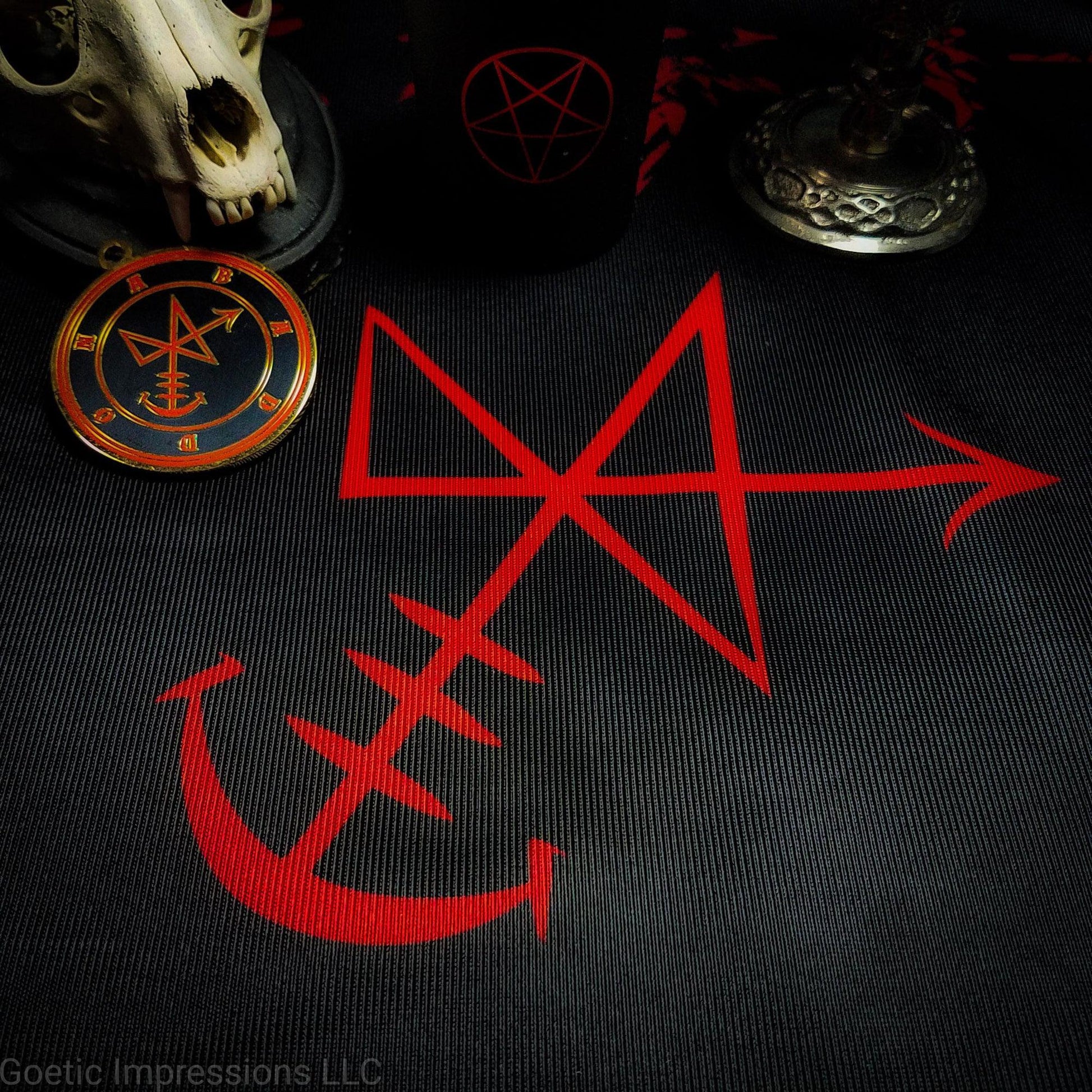 A black and red Abaddon sigil altar cloth.