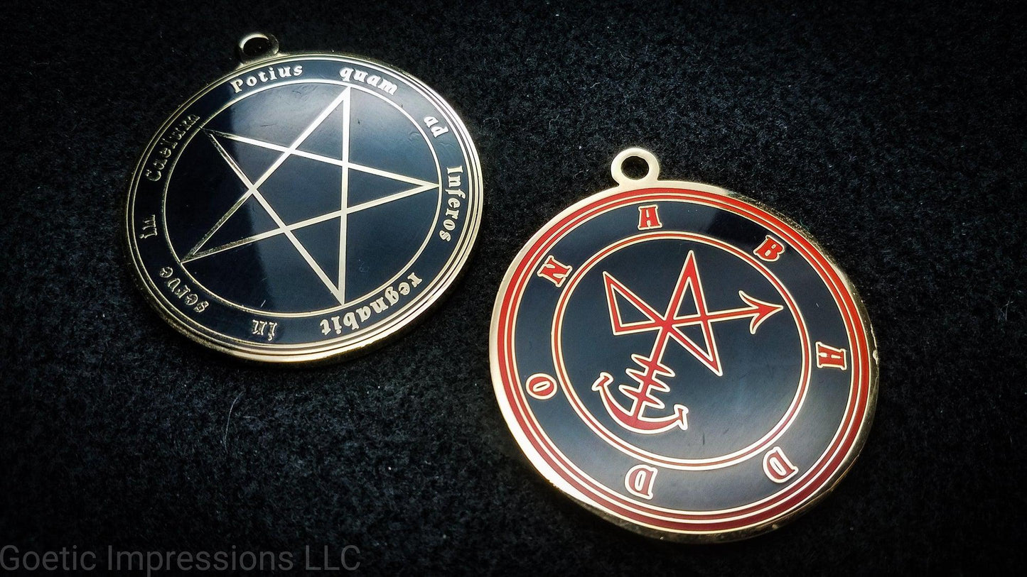 Abaddon sigil ritual talisman with pentagram on reverse side. The reverse side of each Sigil medallion features the Latin phrase 'Potius quam ad Inferos regnabit in serve in Caelum' meaning, 'Better to rule in Hell than to serve in Heaven'.