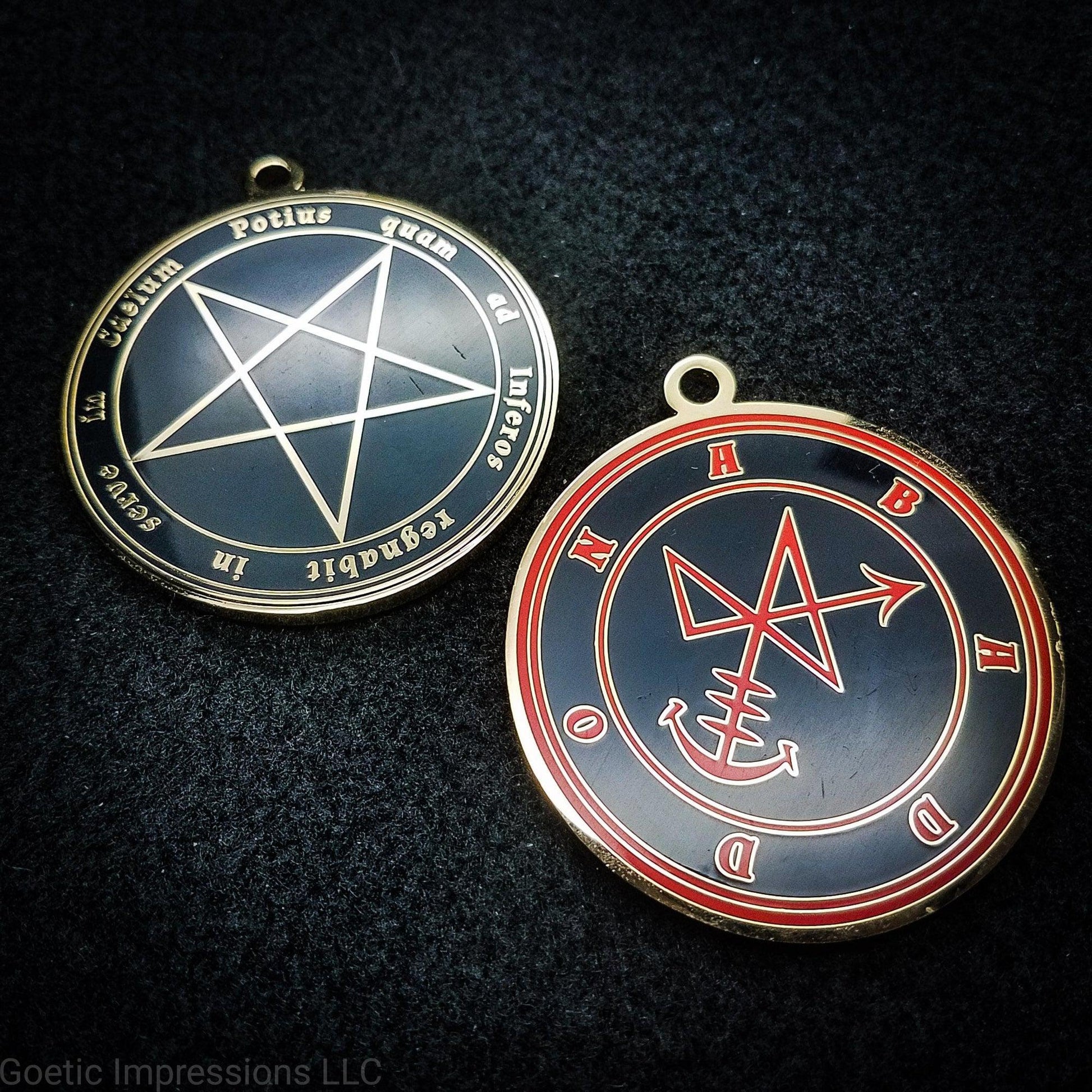 Abaddon sigil ritual pendant with pentagram on reverse side. The reverse side of each Sigil medallion features the Latin phrase 'Potius quam ad Inferos regnabit in serve in Caelum' meaning, 'Better to rule in Hell than to serve in Heaven'.