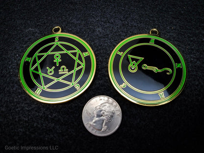 Heptameron Inspired Archangel Pendant featuring the seal and sigils of Archangel Anael.  Featuring on the reverse side of the talsiman, the Heaven Sagun and astrological symbols of Venus, Taurus and Libra based on Cornelius Agrippa