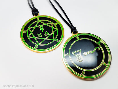 Heptameron Inspired Archangel Pendant featuring the seal and sigils of Archangel Anael.  Featuring on the reverse side of the talsiman, the Heaven Sagun and astrological symbols of Venus, Taurus and Libra based on Cornelius Agrippa