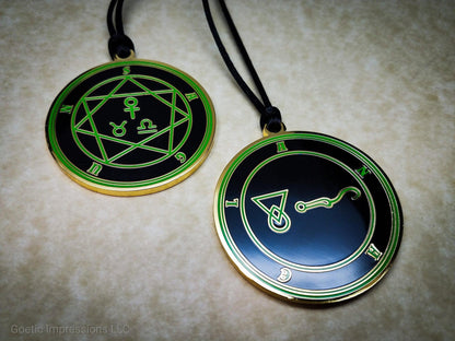 Heptameron Inspired Archangel Pendant featuring the seal and sigils of Archangel Anael.  Featuring on the reverse side of the talsiman, the Heaven Sagun and astrological symbols of Venus, Taurus and Libra based on Cornelius Agrippa
