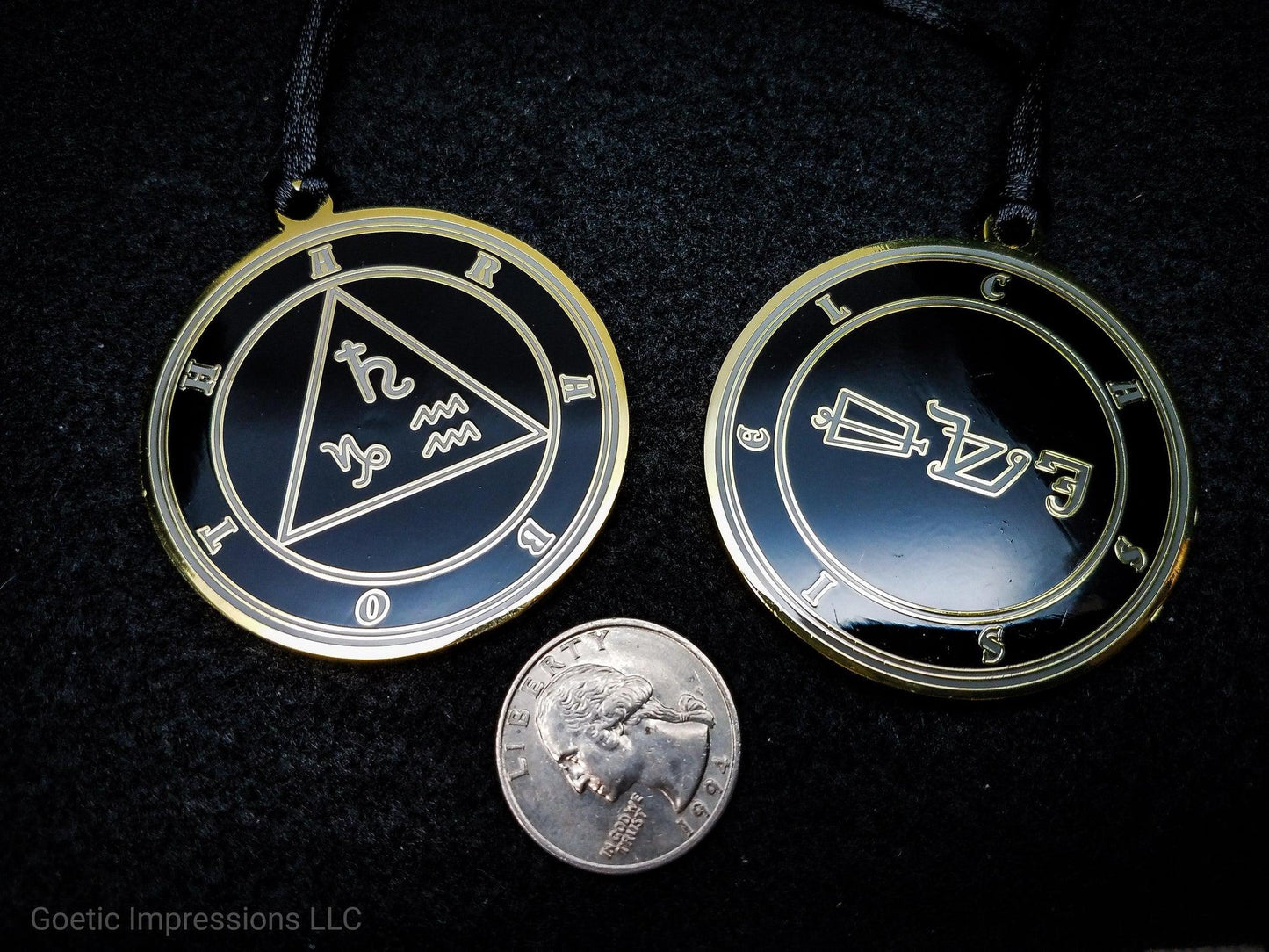 Heptameron Inspired Archangel Pendant featuring the seal and sigils of Archangel Cassiel.  Featuring on the reverse side of the talsiman, the Heaven Araboth and astrological symbols of Saturn, Capricorn and Aquarius based on Cornelius Agrippa