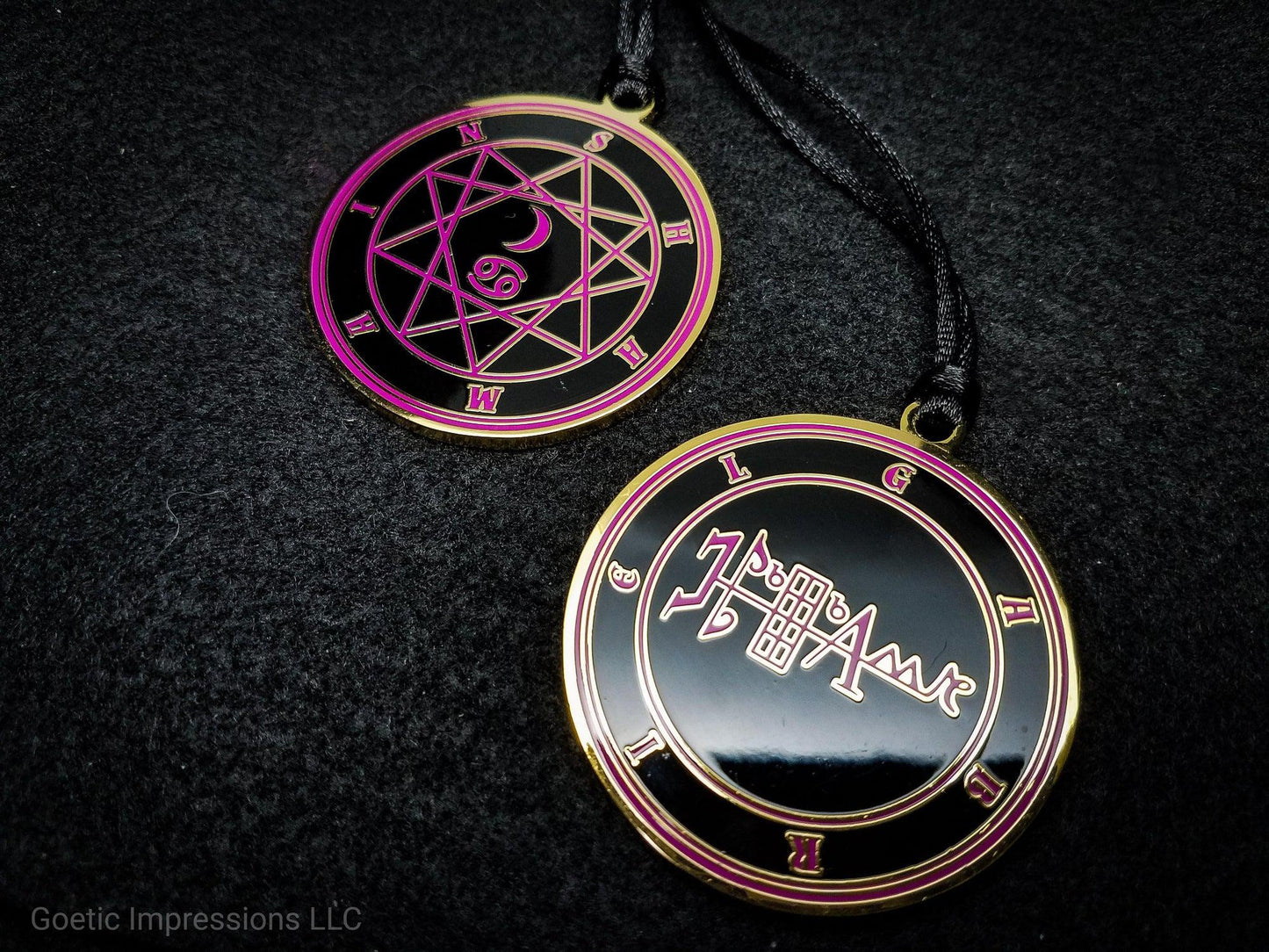Heptameron Inspired Archangel Pendant featuring the seal and sigils of Archangel Gabriel.  Featuring on the reverse side of the talsiman, the Heaven Shamain and astrological symbols of the Moon and Cancer based on Cornelius Agrippa