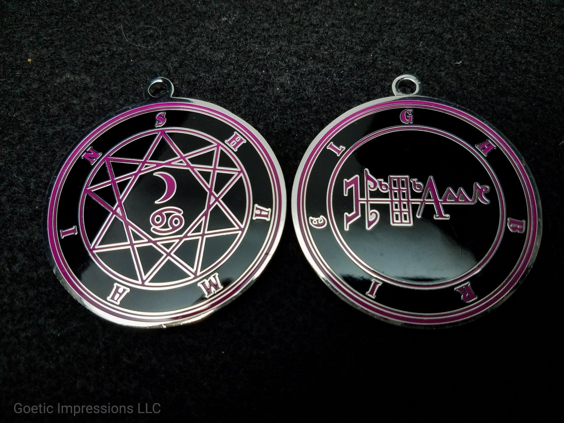 Heptameron Inspired Archangel Talisman featuring the seal and sigils of Archangel Gabriel.  Featuring on the reverse side of the talsiman, the Heaven Shamain and astrological symbols of the Moon and Cancer based on Cornelius Agrippa