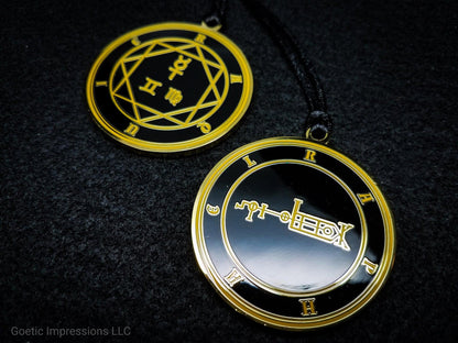Heptameron Inspired Archangel Pendant featuring the seal and sigils of Archangel Raphael.  Featuring on the reverse side of the talsiman, the Heaven Raquie and astrological symbols of Mercury, Gemini and Virgo based on Cornelius Agrippa
