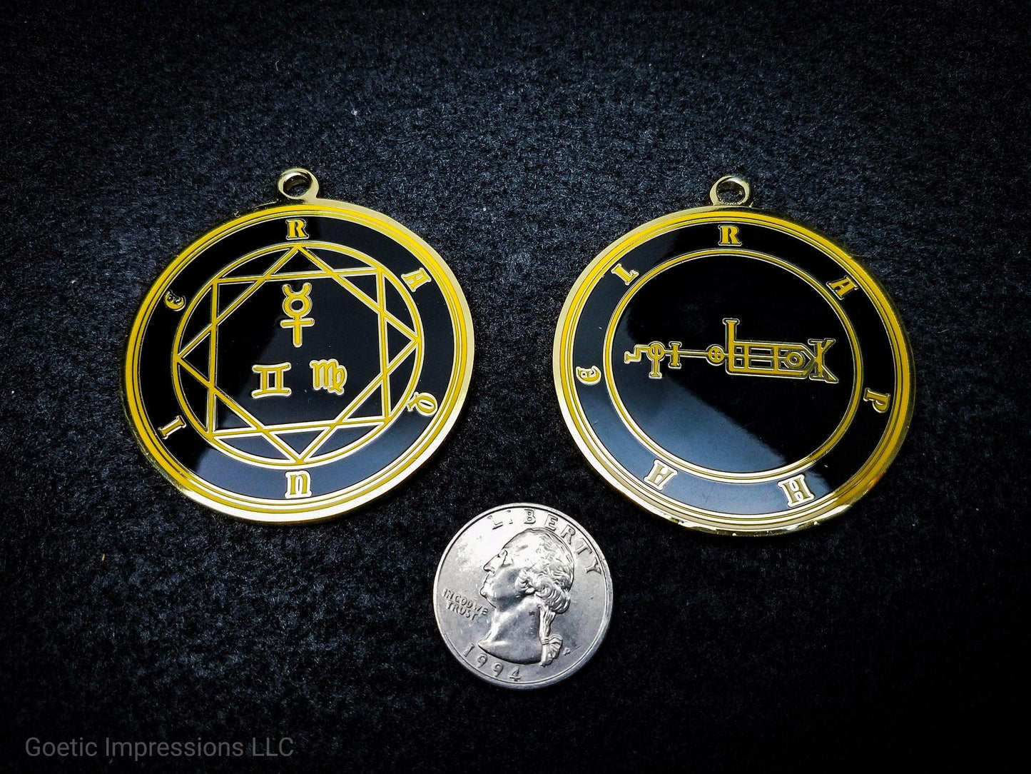 Heptameron Inspired Archangel Pendant featuring the seal and sigils of Archangel Raphael.  Featuring on the reverse side of the talsiman, the Heaven Raquie and astrological symbols of Mercury, Gemini and Virgo based on Cornelius Agrippa