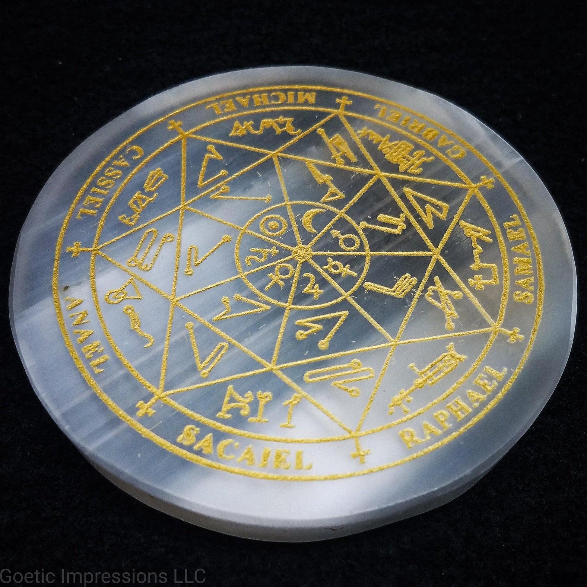 7 Planetary Archangel Seal Selenite Charging plate inlaid in gold.