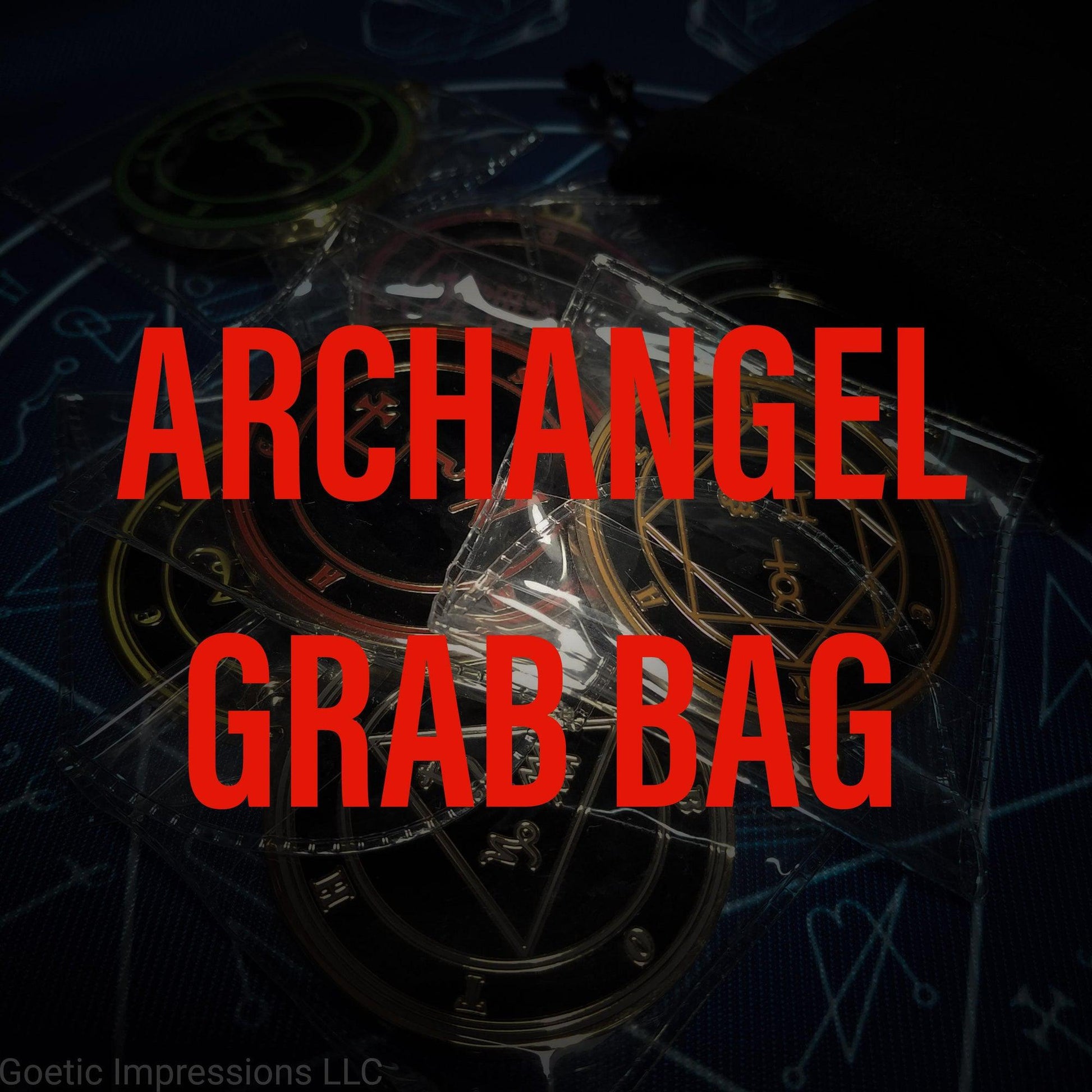 A grab bag labeled 'ARCHANGEL GRAB BAG' containing various medallions with astrological and zodiacal symbols visible through a transparent packaging.