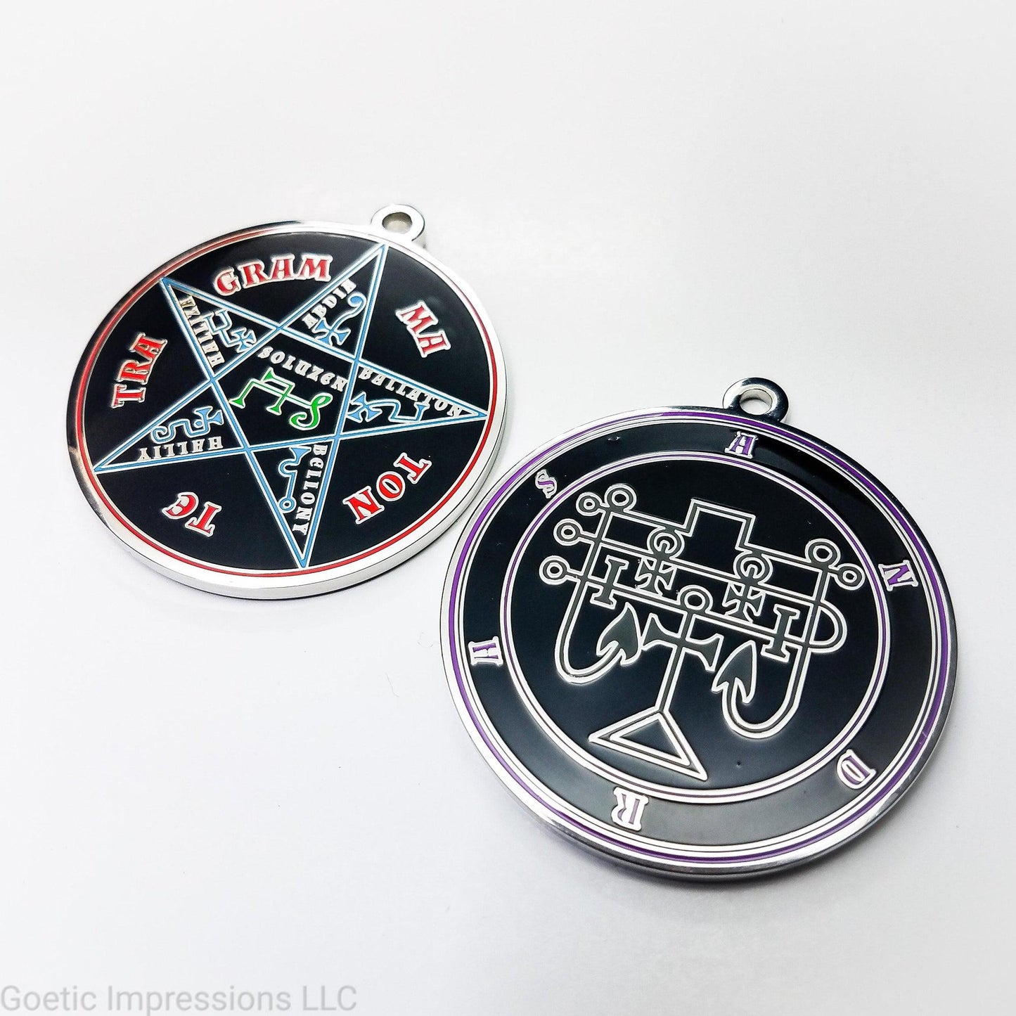 Black and Purple Andras Seal amulet with Pentacle of Solomon on the reverse side