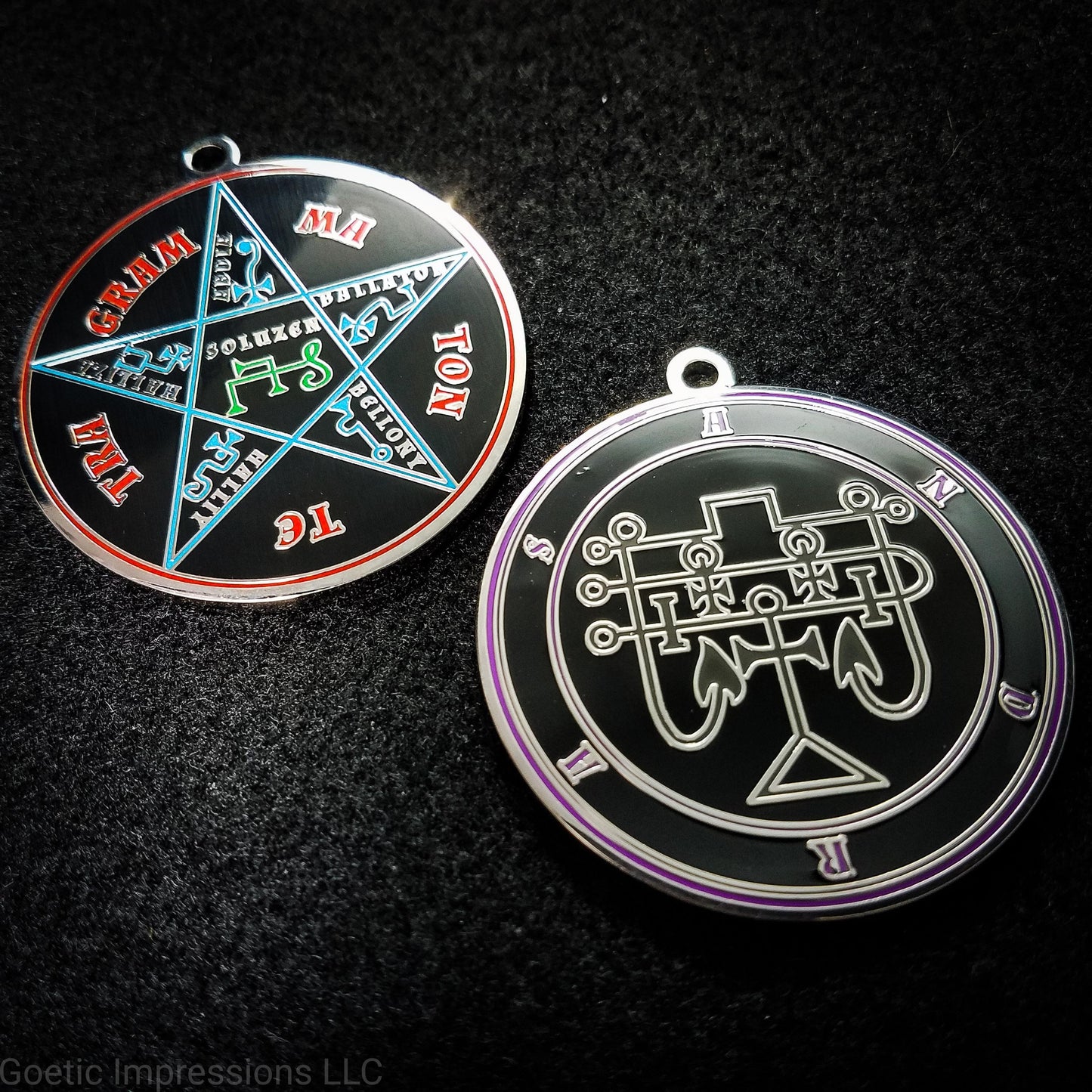 Black and Purple Andras Seal amulet with Pentacle of Solomon on the reverse side