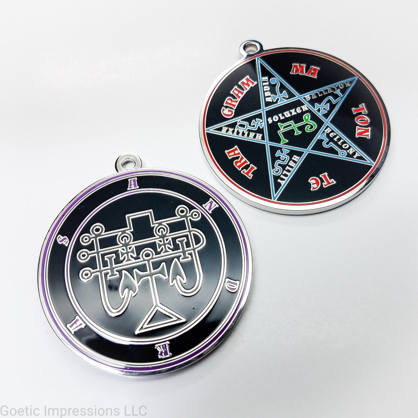 Black and Purple Andras Seal amulet with Pentacle of Solomon on the reverse side