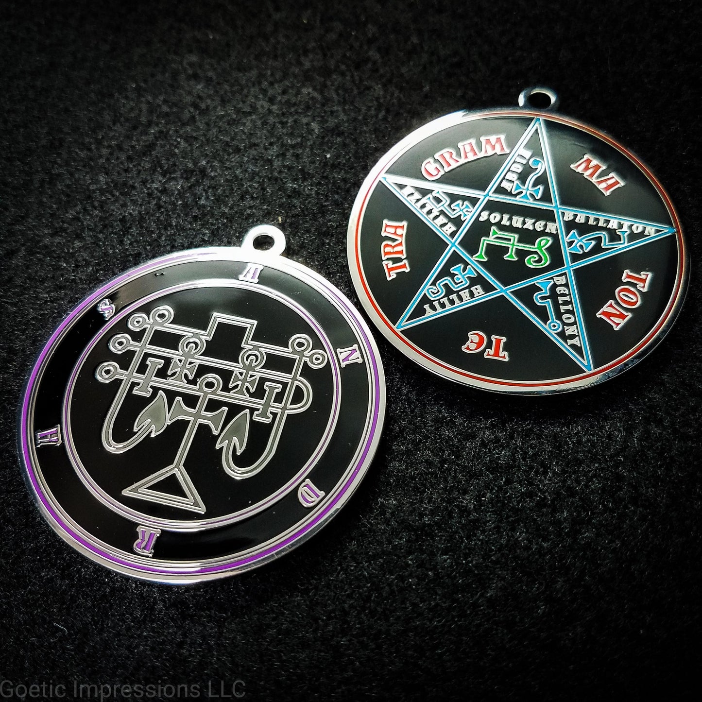 Black and Purple Andras Seal amulet with Pentacle of Solomon on the reverse side