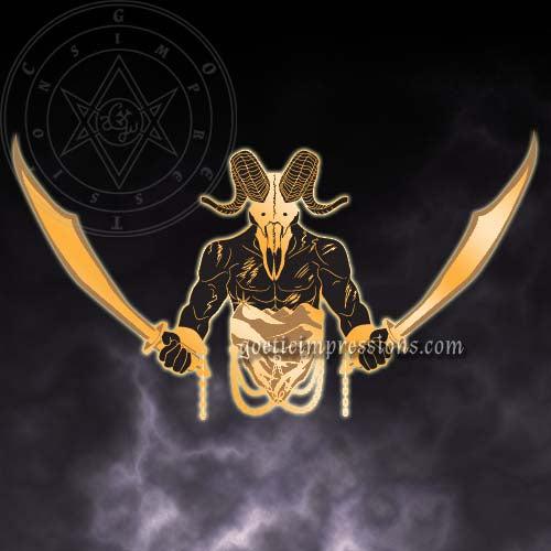 Illustration depicting Azazel with a ram skull for a head. He is brandishing two swords and rising up over a desert scene. The desert has linked chains and there are loose chains coming from his wrists.