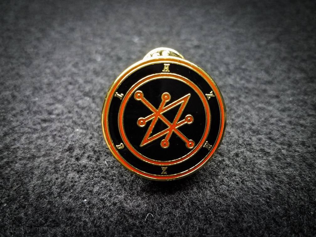 Red and gold Azazel sigil hard enamel pin