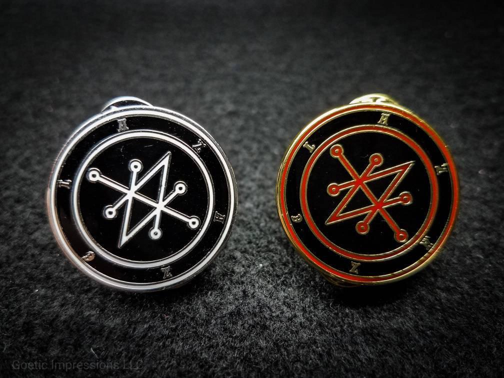 Satanic hard enamel pins featuring white and red Azazel sigils