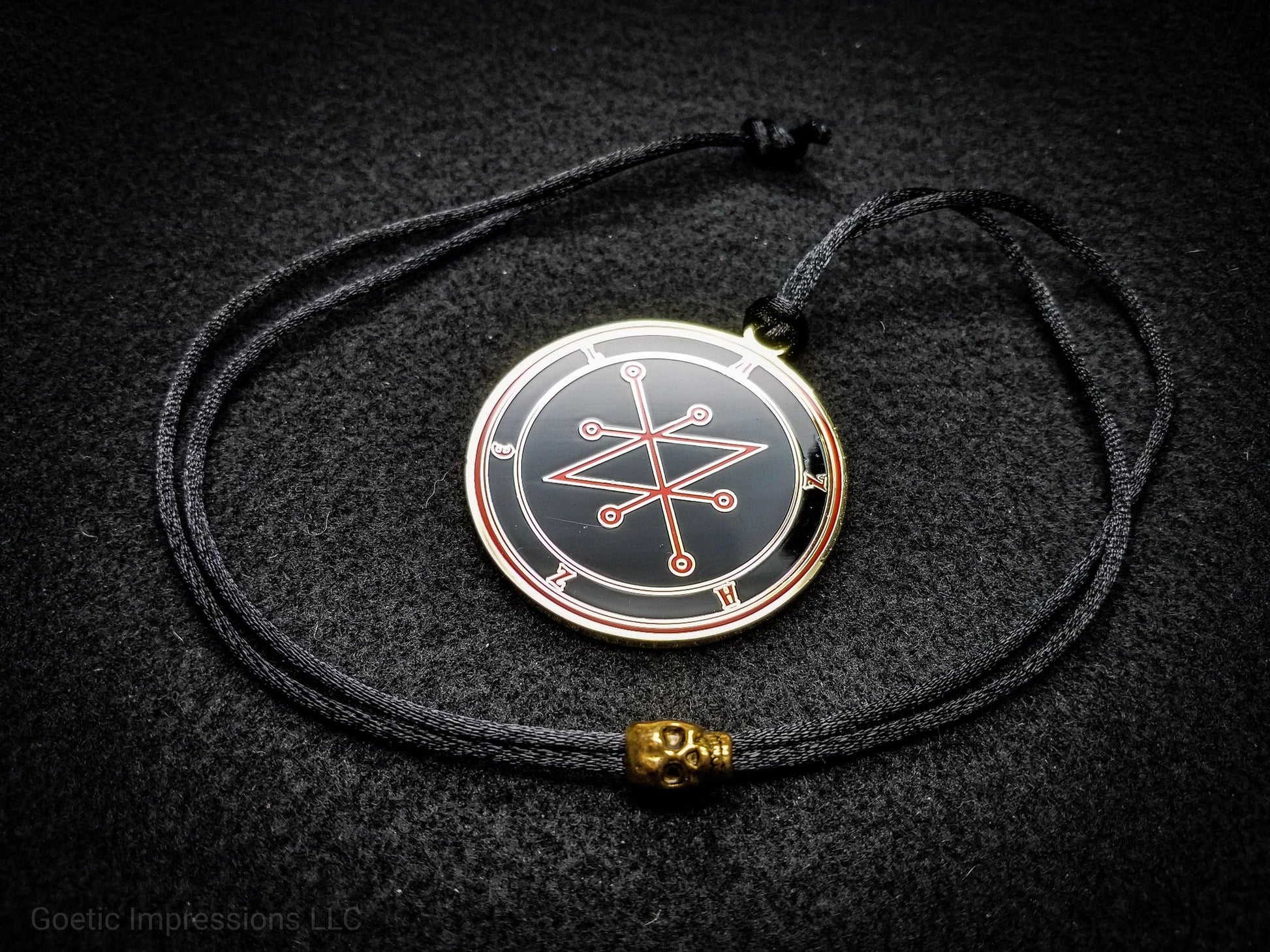 Black and Red Azazel sigil medallion with skull bead necklace.