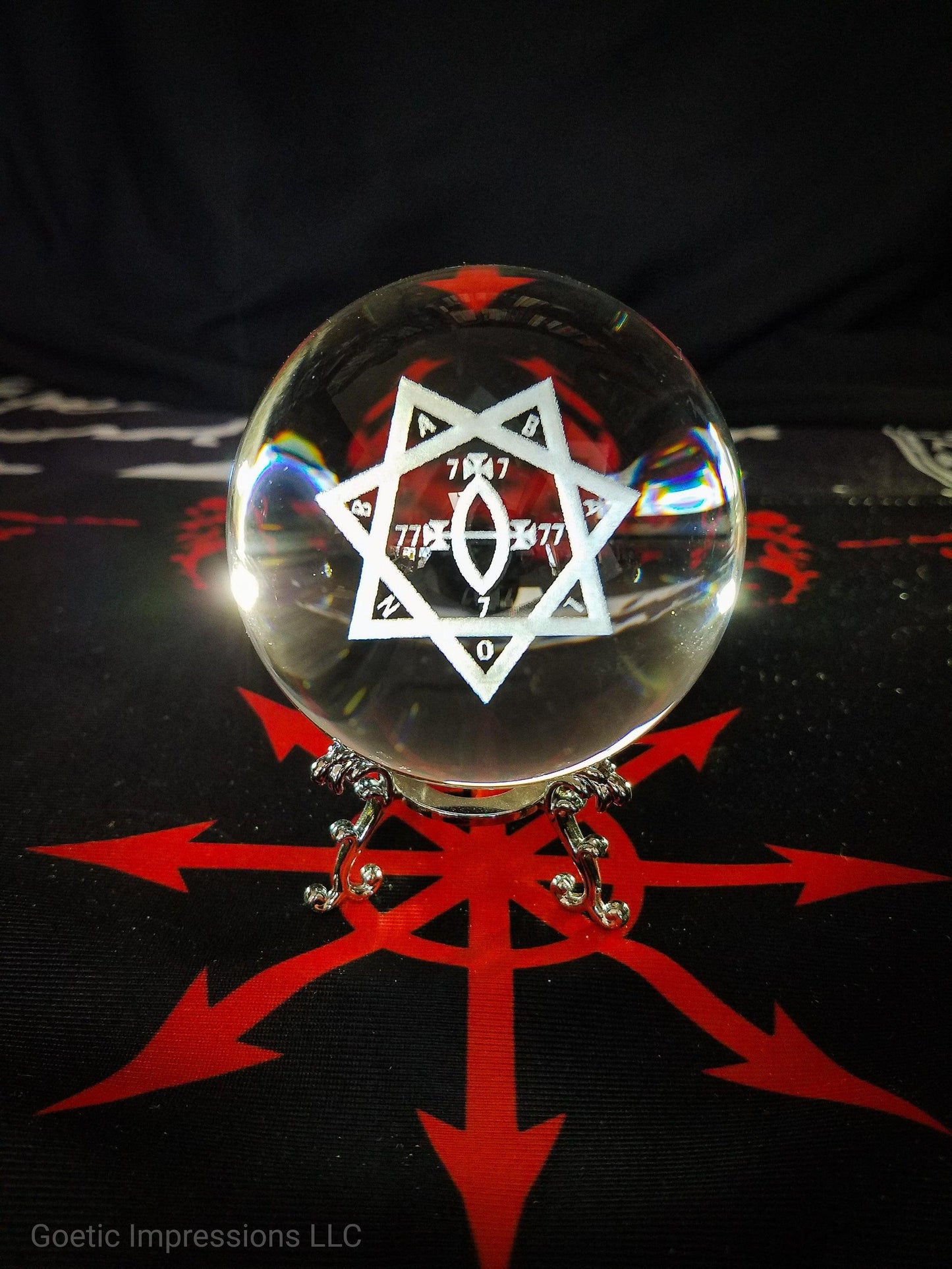 Babalon star sigil crystal ball on a chaos star altar cloth