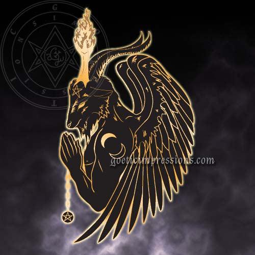 Illustration depicting Baphomet in prayer. The design is for a hard enamel pin and is featured in black and gold. Baphomet is facing in profile holding a rosary with a pentacle attached.