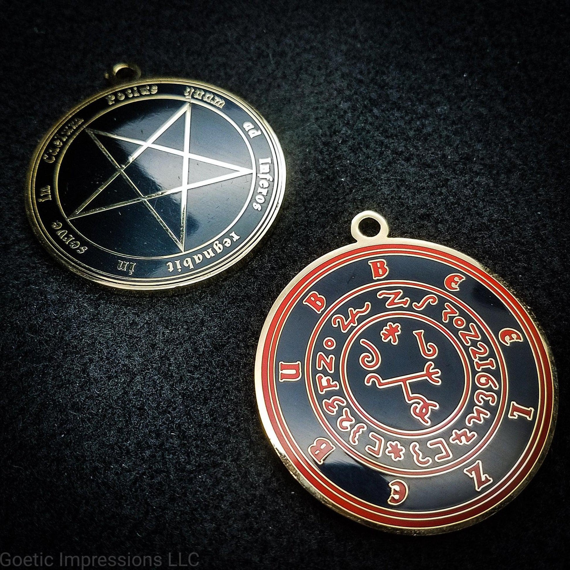 Beelzebub sigil ritual pendant with pentagram on reverse side. The reverse side of each Sigil medallion features the Latin phrase 'Potius quam ad Inferos regnabit in serve in Caelum' meaning, 'Better to rule in Hell than to serve in Heaven'.