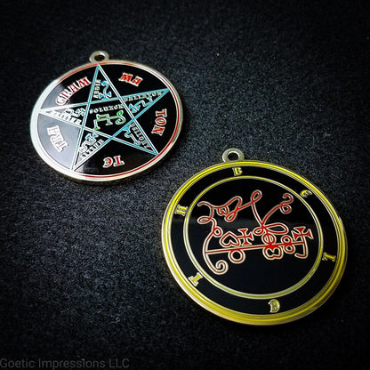 Two medallions featuring the front and back of the Ars Goetia spirit Beleth. The sigil is red with the name and circle surrounding in yellow. The Reverse is the TETRAGRAMMATON. The pentacle is blue with a red circle. Tetragrammaton is in red. The center sigil is green. The seal is plated in gold.