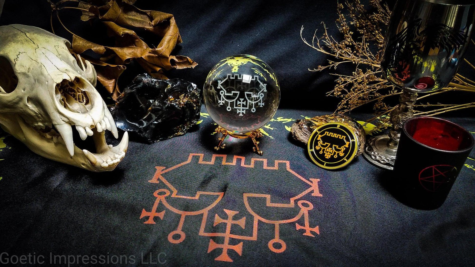 Belial altar setup with altar cloth, medallion and crystal ball