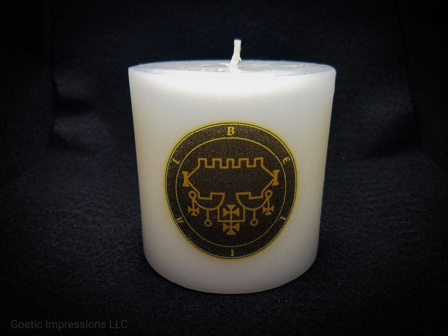 Full color Belial seal on white pillar candle