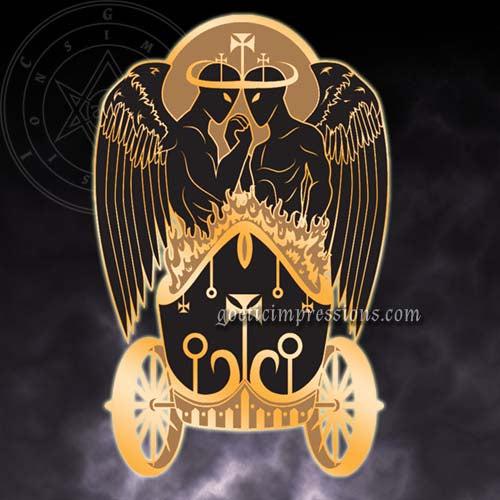 Artwork illustration a pin design of Belial. Belial is depicted as two angels facing each other with arms interlocked. He is riding on a chariot of fire. Encircling their heads is a crown. Behind them is a circle representing the sun.