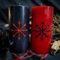 Pillar candles with Chaos Star carved into it.