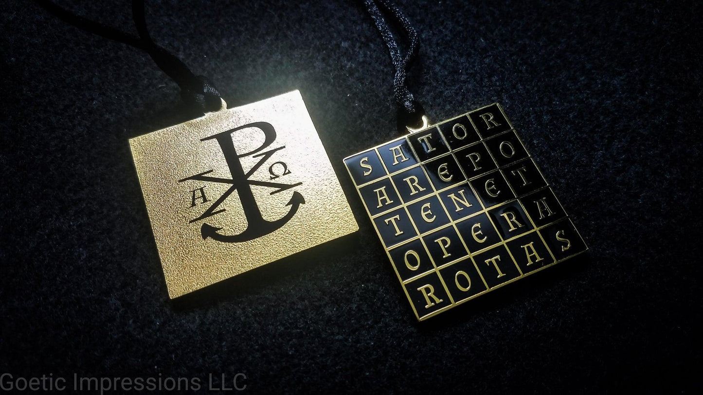 SATOR Square talisman featuring the Chi Rho symbol with Alpha and Omega on the reverse side in gold plating.