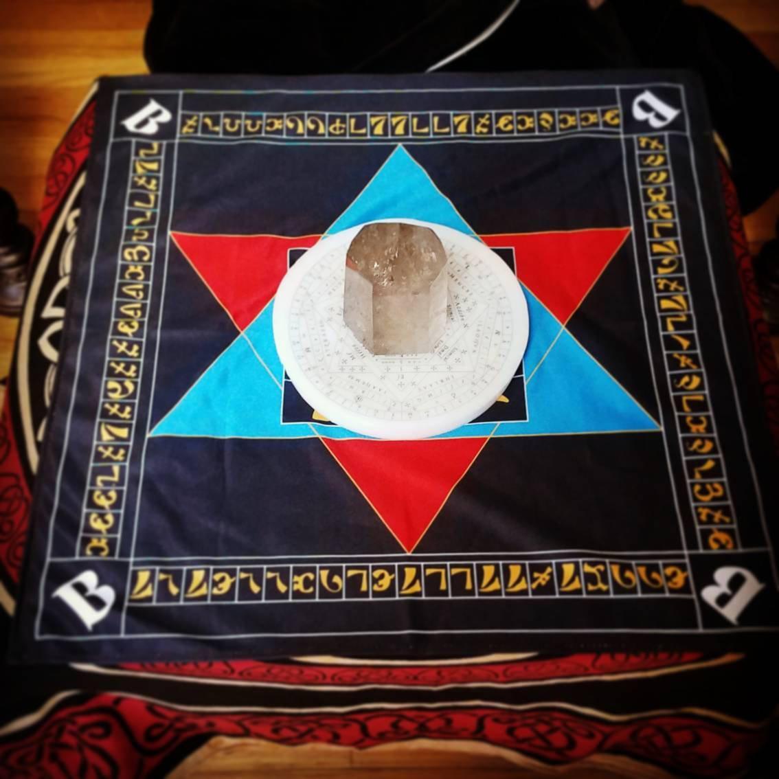 Enochian Holy Table of practice altar cloth with wax sigillum dei aemeth and quartz crystal