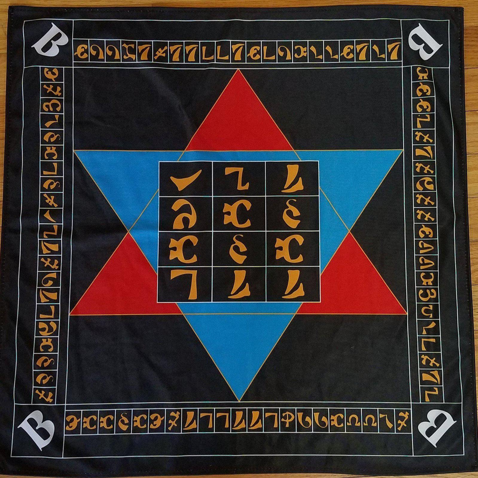 Enochian Holy Table of practice altar cloth fully colored and featuring enochian script