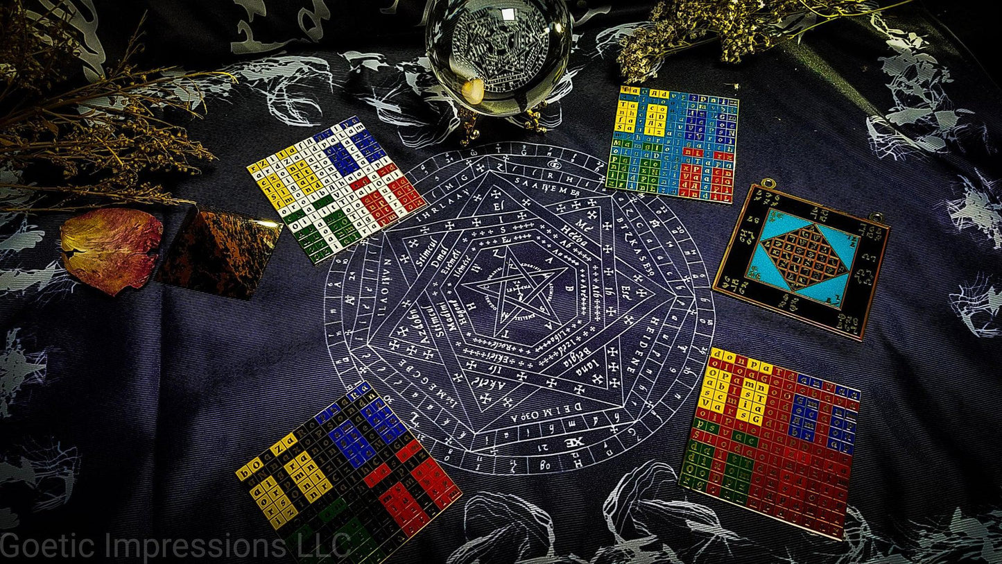 Sigillum Dei Aemeth altar cloth with Enochian tablets and accessories. 