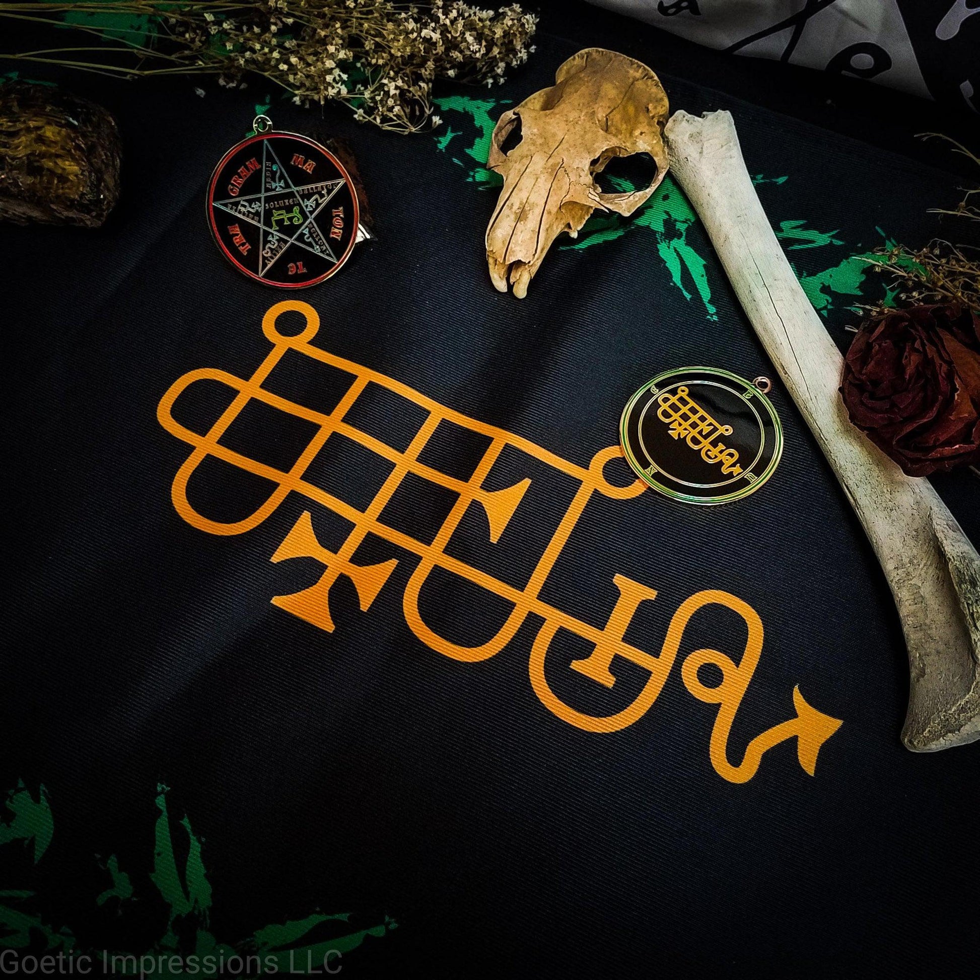 Orange and Green Bune Altar cloth for Goetic offerings or evocations.