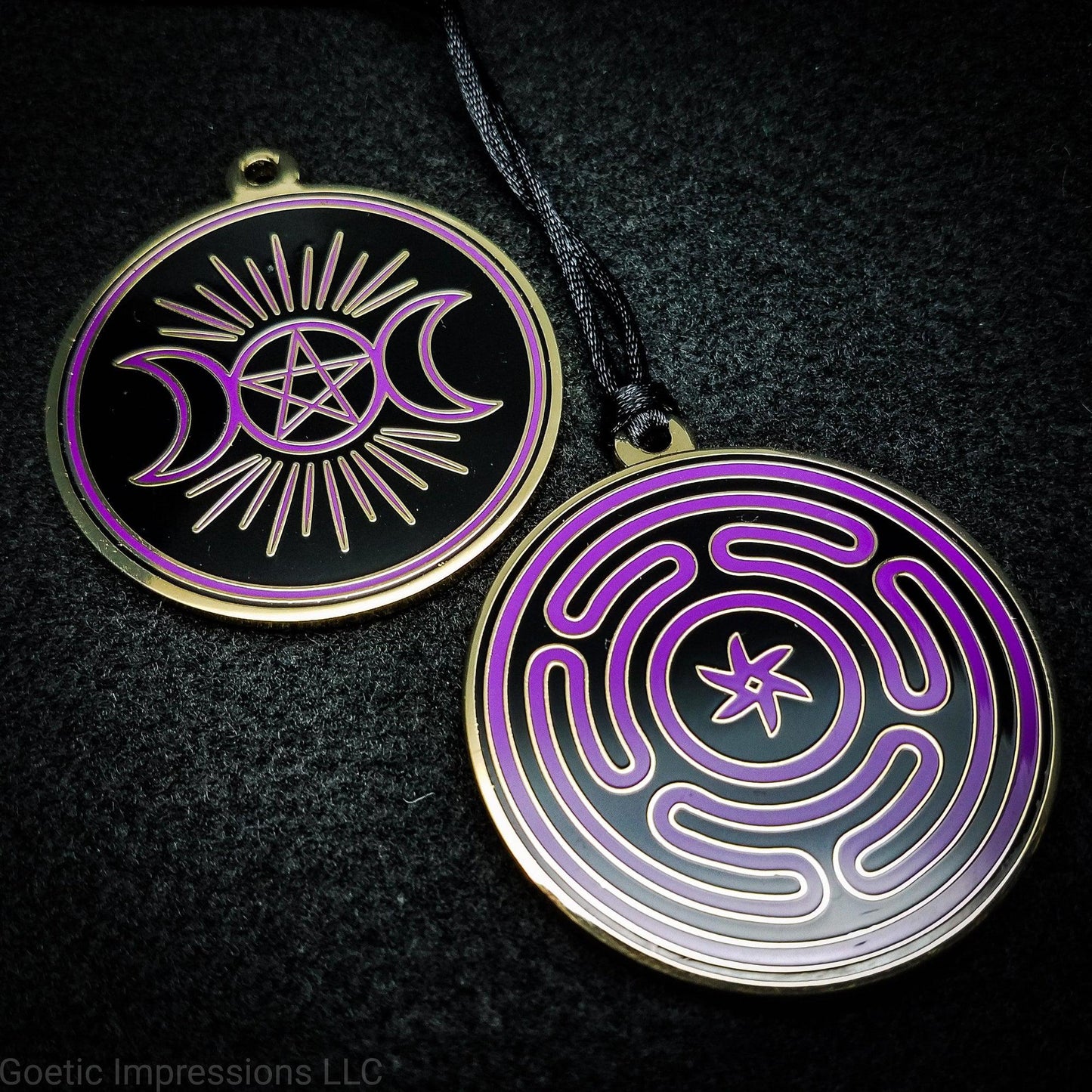 Wheel of Hekate Sigil Pendant with Triple Moon Pentagram symbol on reverse side.