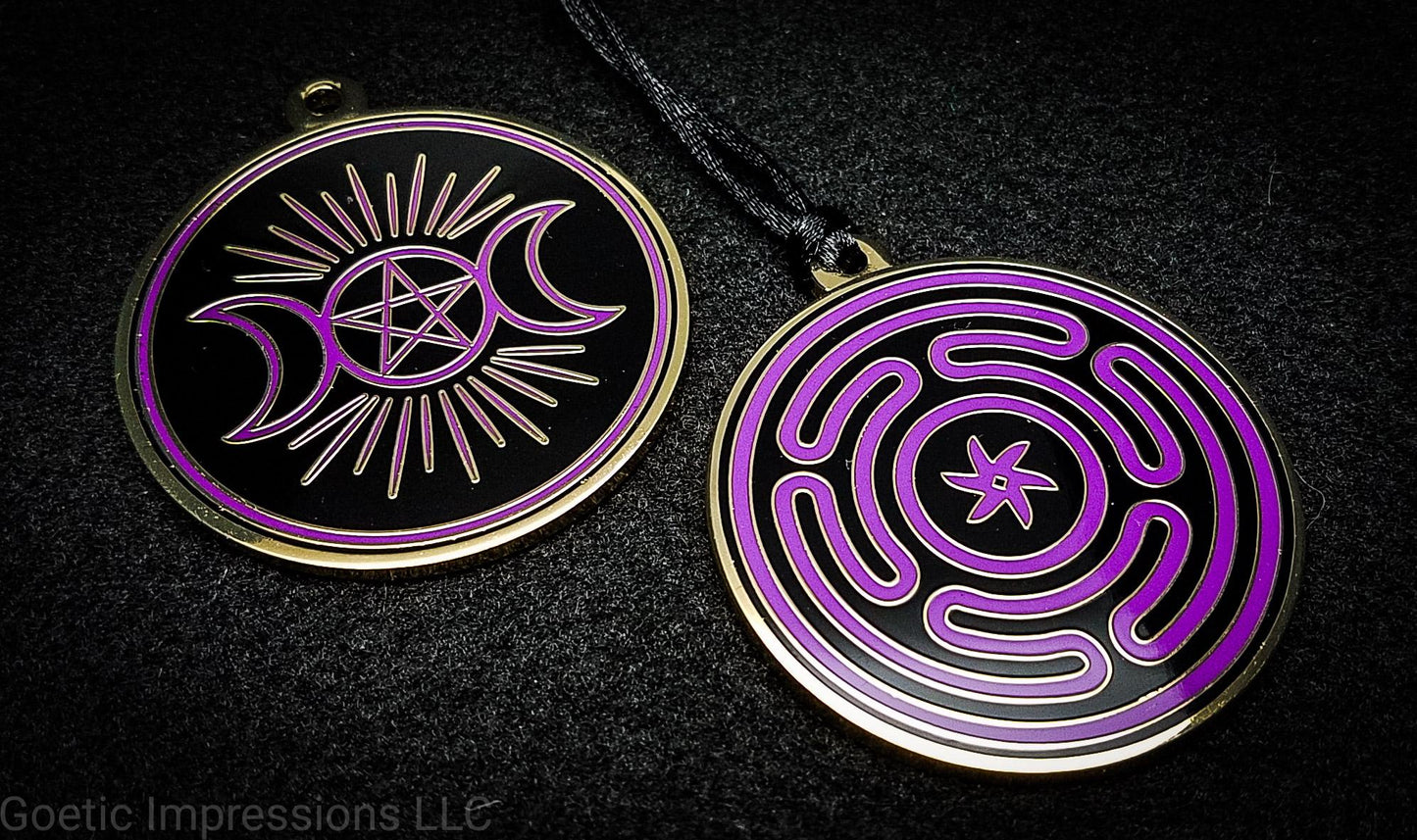 Gold Wheel of Hekate Sigil Pendant with Triple Moon Pentagram symbol on reverse side.