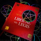 A three inch holographic sticker with a black background and a white symbol of a Pentacle rests on top of a red book titled Book of the Law, Liber Al Vel Legis. The book is placed on a pile of the stickers. The holographic paper shines in a wide arrange of rainbow colors when the light catches it at different angles.