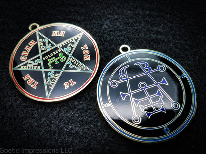 Lesser Key of Solomon: Ars Goetia, Goetic Seal Ipos sigil medallion with featuring the Pentacle of Solomon on the reverse side.