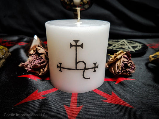 White pillar candle with Lilith sigil