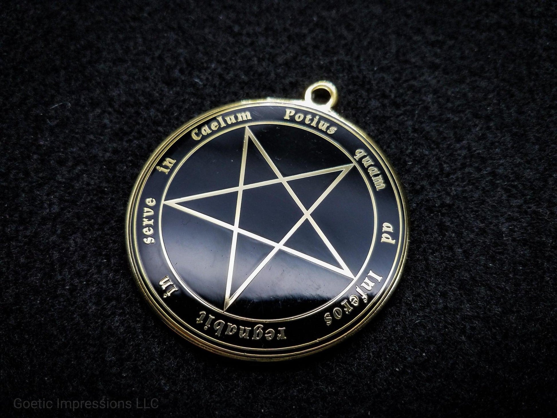 Satanic Pentagram Sigil medallion features the Latin phrase 'Potius quam ad Inferos regnabit in serve in Caelum' meaning, 'Better to rule in Hell than to serve in Heaven'.