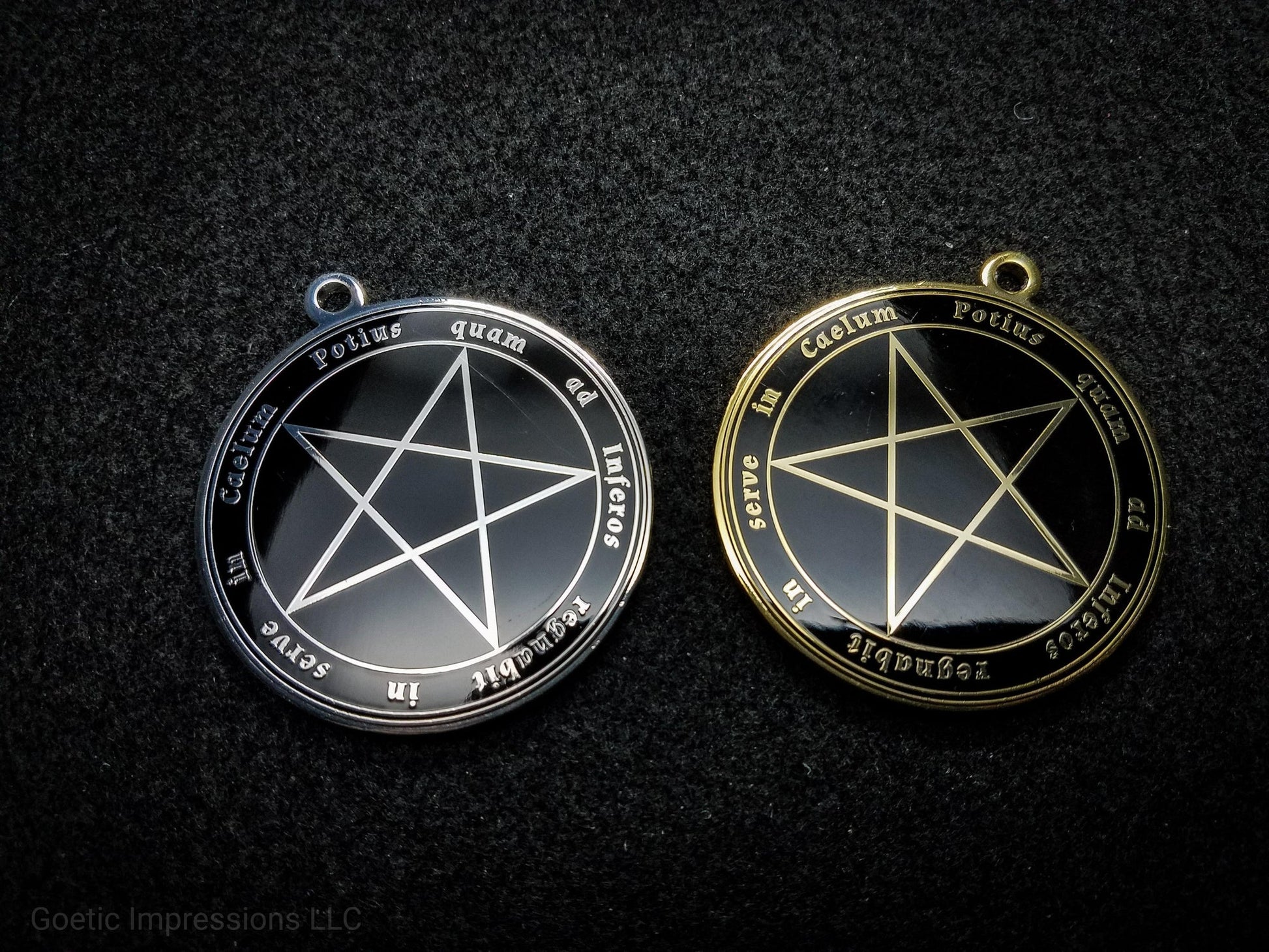 Satanic Pentagram Sigil medallion features the Latin phrase 'Potius quam ad Inferos regnabit in serve in Caelum' meaning, 'Better to rule in Hell than to serve in Heaven'.