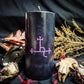 Black pillar candle with purple Lilith Sigil carved into it.