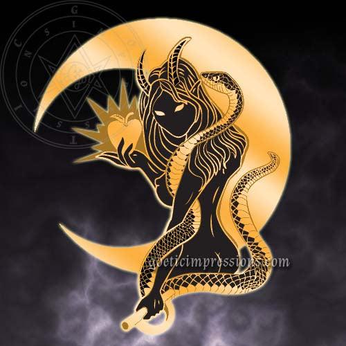 Illustrated artwork featuring the demoness Lilith with a serpent encircling her arm. In one arm she is holding a rod and ring and the other hand she is holding a glowing apple. Behind her is a cresent moon.