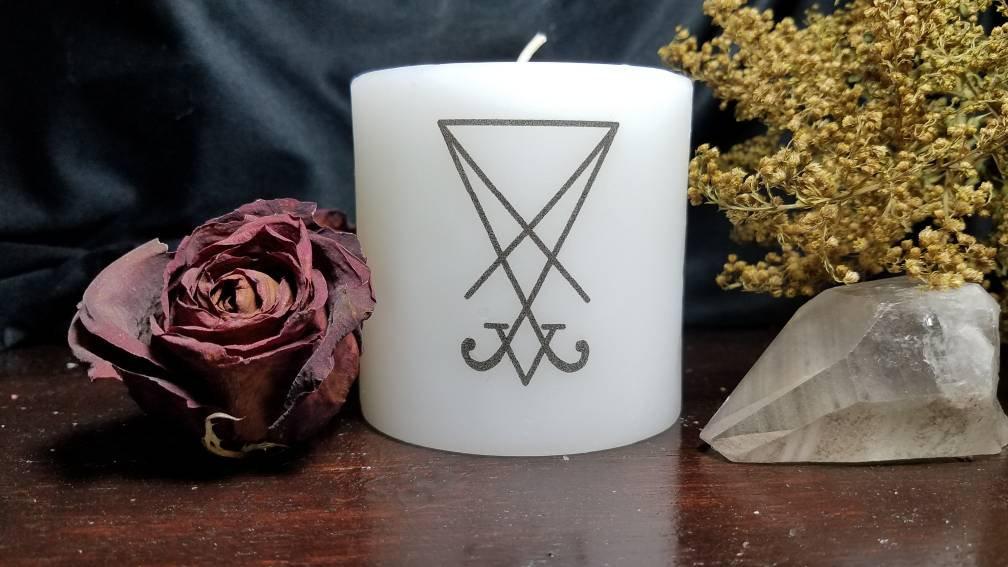 Lucifer Sigil on a While Pillar Candle